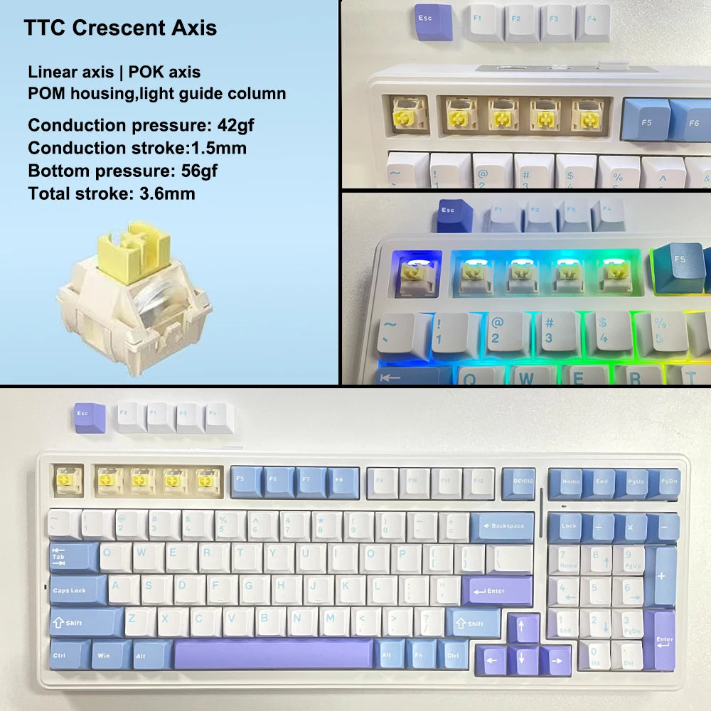 Teclado mecánico gaming Aula F99 de 99 teclas, tres modos: 2.4g inalámbrico, Bluetooth y cableado, hot swap, PBT, gasket y RGB para juegos y escritura