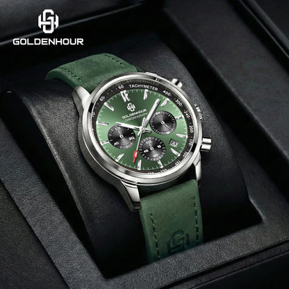 Luxusné pánske hodinky GOLDENHOUR – kremeňový chronograf, zelený ciferník, kožený remienok, vodotesné, luminiscenčné, vojenský a športový štýl