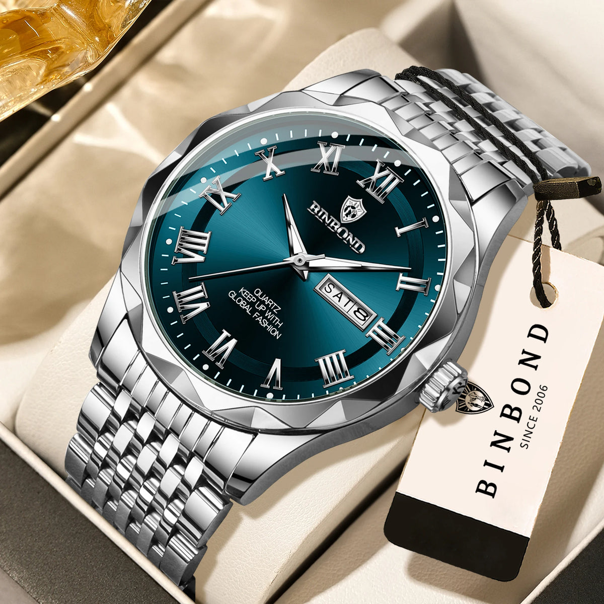 Montre-bracelet de luxe à quartz BINBOND Original Brand pour homme, lumineuse, étanche, date automatique, affichage du jour de la semaine, style décontracté.
