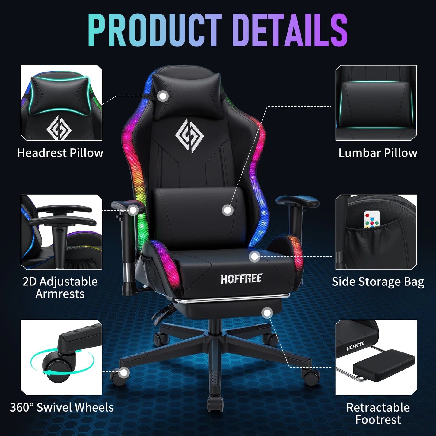 Sedia gaming LED per bambini 8-15 anni, sedia gamer regolabile con illuminazione LED, poggiapiedi e supporto lombare, sedia PC ergonomica