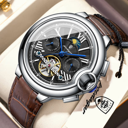 Montre de luxe pour homme POEDAGAR – Modèle automatique mécanique avec affichage de la date et du jour, bracelet en cuir, tourbillon, étanche, style élégant et professionnel.