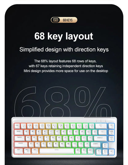 FREEWOLF M68SE 68% Mini Wired Keyboard RGB Backlit Silent Mechanical Feel Type-C Detachable Cable for PC Mac