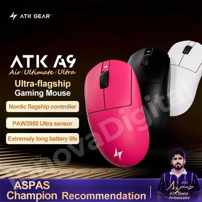 Mouse da gaming wireless ATK Dragonfly A9 Ultimate A9 Air PAW3950 ultraleggero ergonomico per e-sport FPS Gamer CSGO A9 Ultra