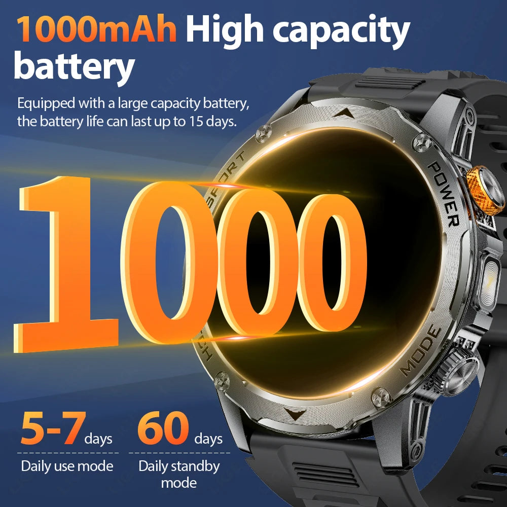 LIGE New Smart Watch Men 1000mAh Large Capacity Battery Outdoor Flashlight Bluetooth Call Waterproof Sport Fitness Smartwatch