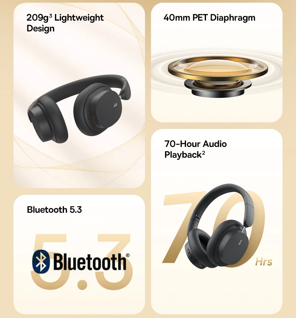 Baseus Bowie D05 Wireless Bluetooth 5.3 Headphones – HiFi Stereo Foldable 70H Battery Over-Ear Headset with Deep Bass & Dual Connection