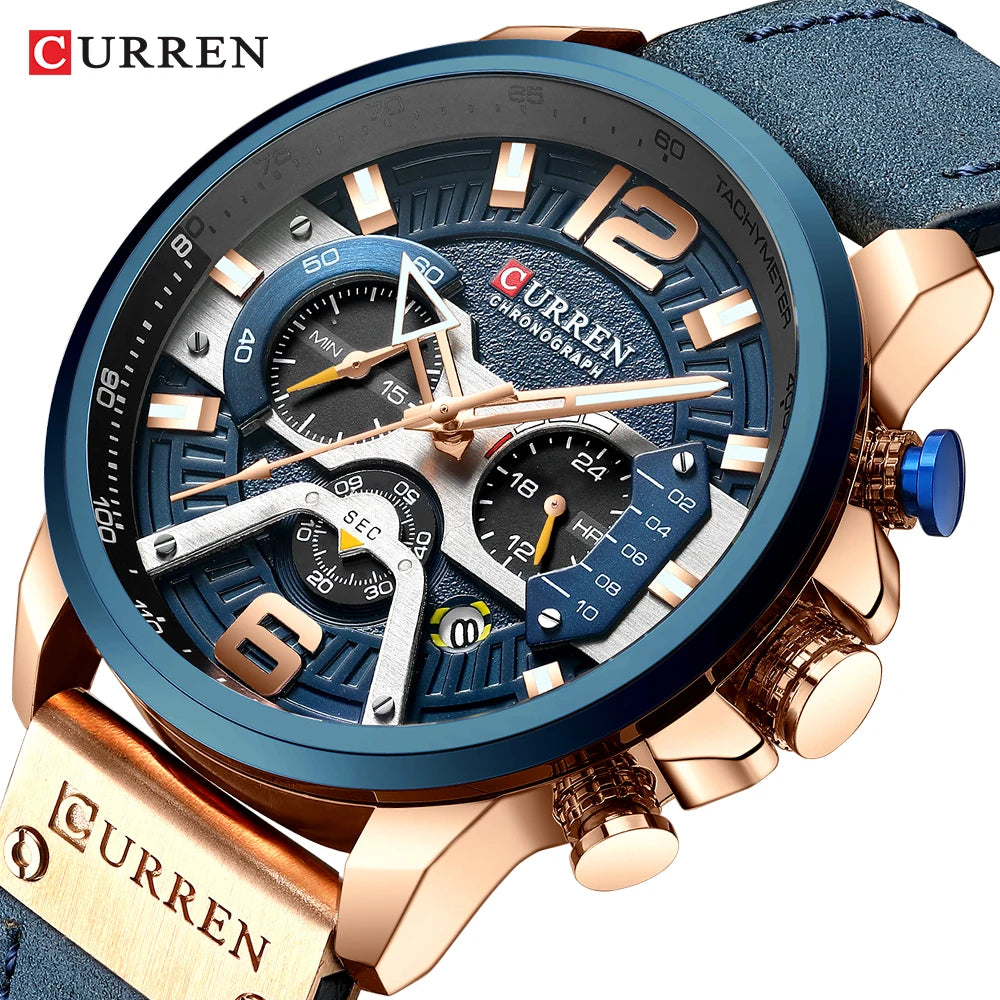 Montre pour homme CURREN 8329 – Style sport décontracté, design militaire, bracelet en cuir, chronographe tendance, montre de luxe de grande marque