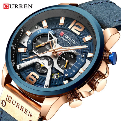 Montre pour homme CURREN 8329 – Style sport décontracté, design militaire, bracelet en cuir, chronographe tendance, montre de luxe de grande marque