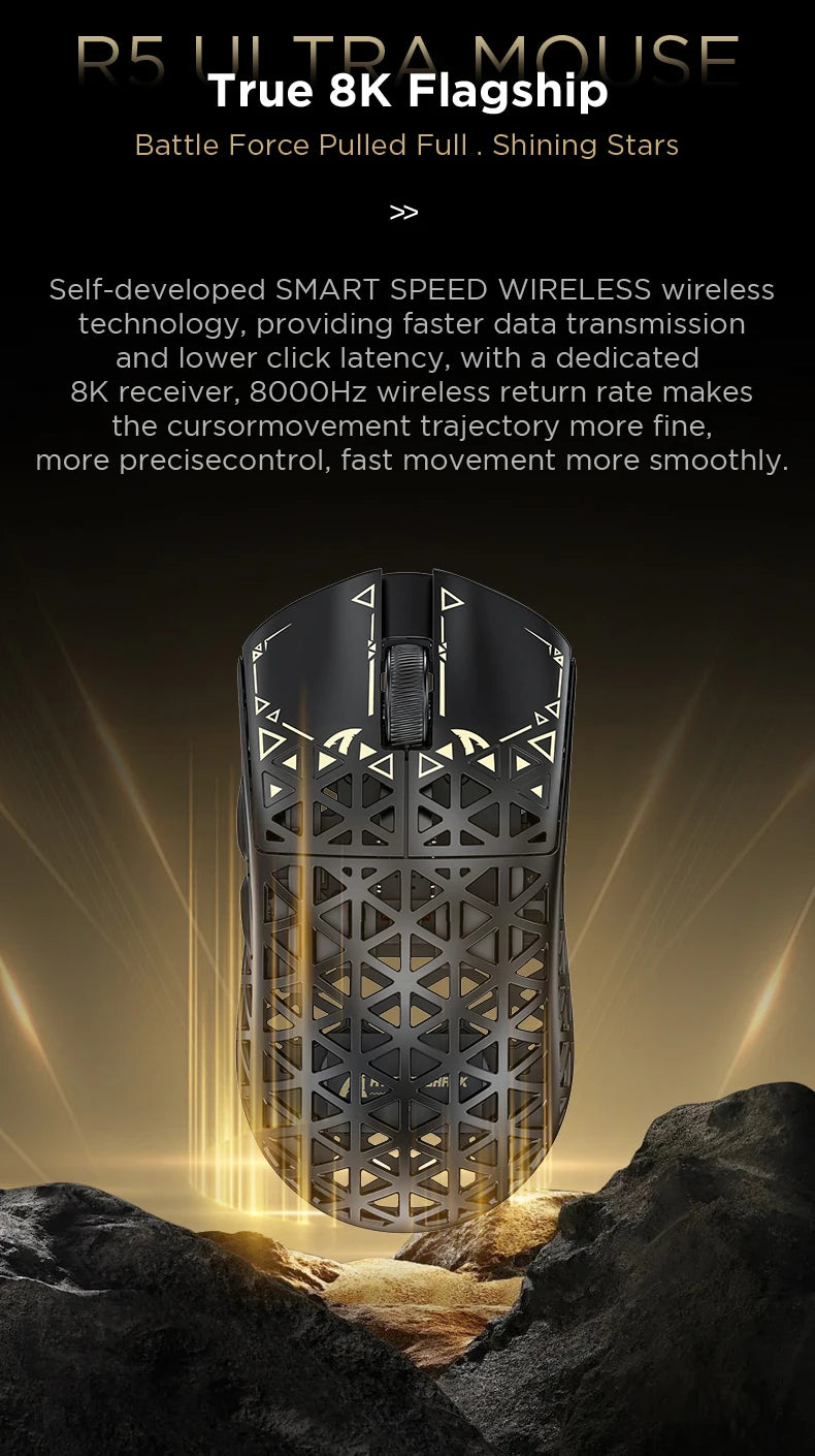 Bezdrátová herní myš ATTACK SHARK R5 Ultra Carbon Fiber, herní senzor PixArt PAW3950MAX, 42000DPI, 8000Hz, MCU Nordic 52840