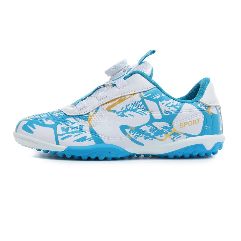Chaussures de Football à lacets rapides pour enfants, blanches et bleues, crampons ultralégers de haute qualité, baskets de Football antidérapantes pour Match en plein air