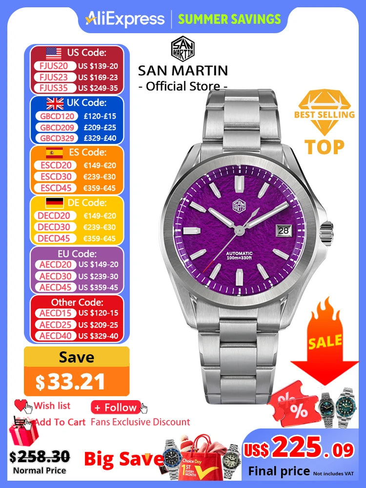 San Martin New Gada Fashion Sport Watch 39mm NH35 Automatic Mechanical Men Watches Dress Waterproof 100m Luminous SN0129