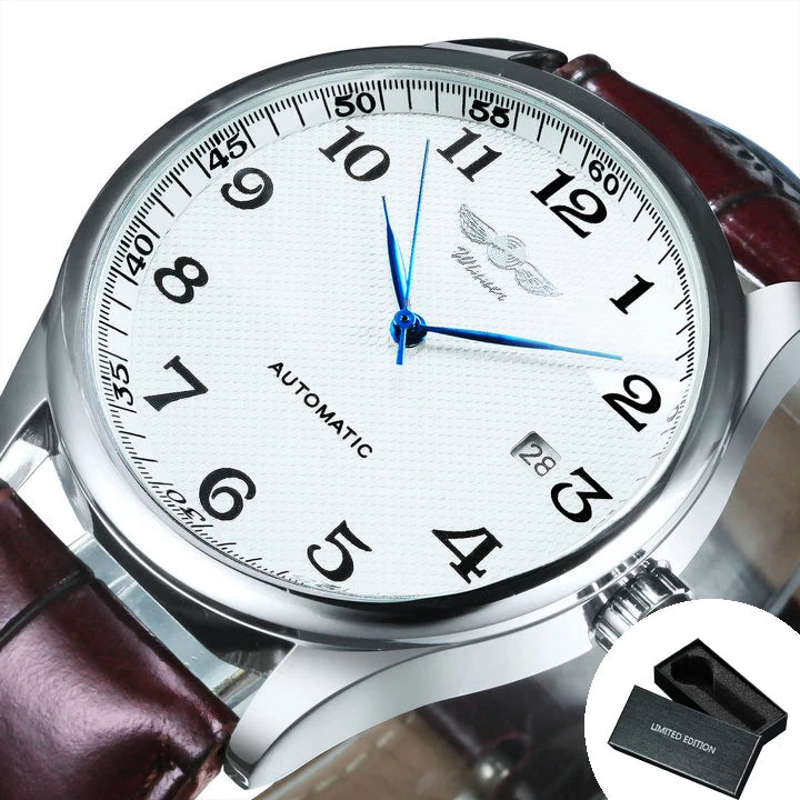 Relógio clássico para homem – Estilo retro com calendário e ponteiros azuis, movimento mecânico automático, marca de prestígio, caixa em aço e bracelete em pele