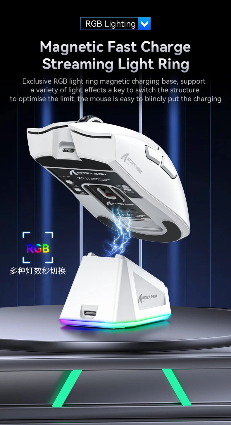 ATTACK SHARK X11 trijų režimų lengva žaidimų pelė su PAW3311, 22000DPI, 400IPS, 40G, 59g, magnetiniu greituoju įkrovimu ir RGB apšvietimu