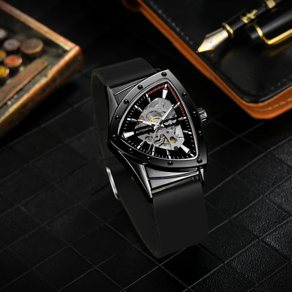 Montre automatique pour homme WINNER, design squelette triangulaire, aiguilles luminescentes, bracelet en caoutchouc, style militaire, montre mécanique de luxe
