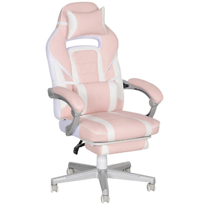 Pink Gaming Chair with Footrest, Adjustable, Headrest & Lumbar Pillow, 360° Swivel, High Back, Faux Leather, Max Load 120kg