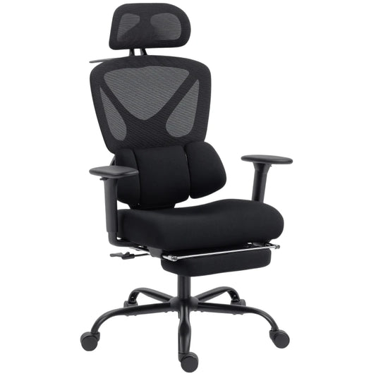 Ergonomic office chair with wheels, mesh fabric, lumbar support, adjustable armrests, and headrest.